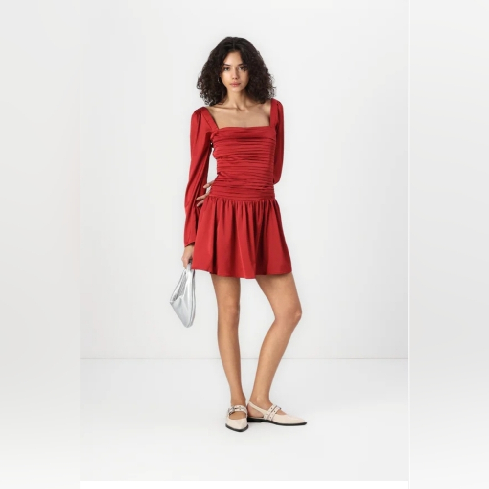 Abercombrie & Fitch Emerson Drop Waist Long Sleve Dress Scarelet Red Size M